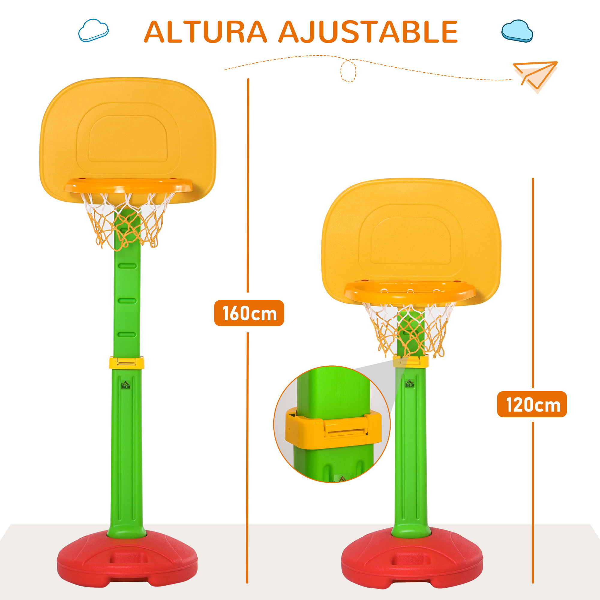 Cesta de basquete infantil multicolorida HOMCOM com altura ajustável para crianças.