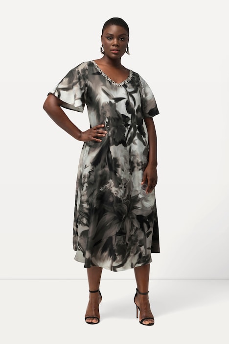 Midikleid, Blüten, Ziersteine, V-Ausschnitt, Halbarm