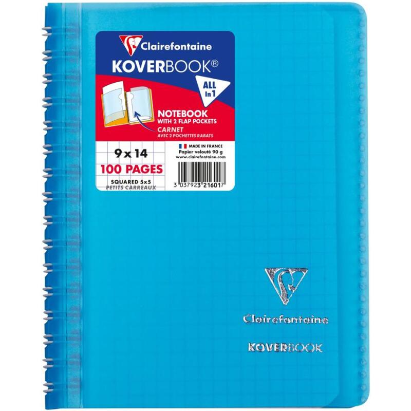 Carnet reliure intégrale enveloppante Koverbook 9x14cm 100 pages petits carreaux couverture polypropylène transparent - Assortis
