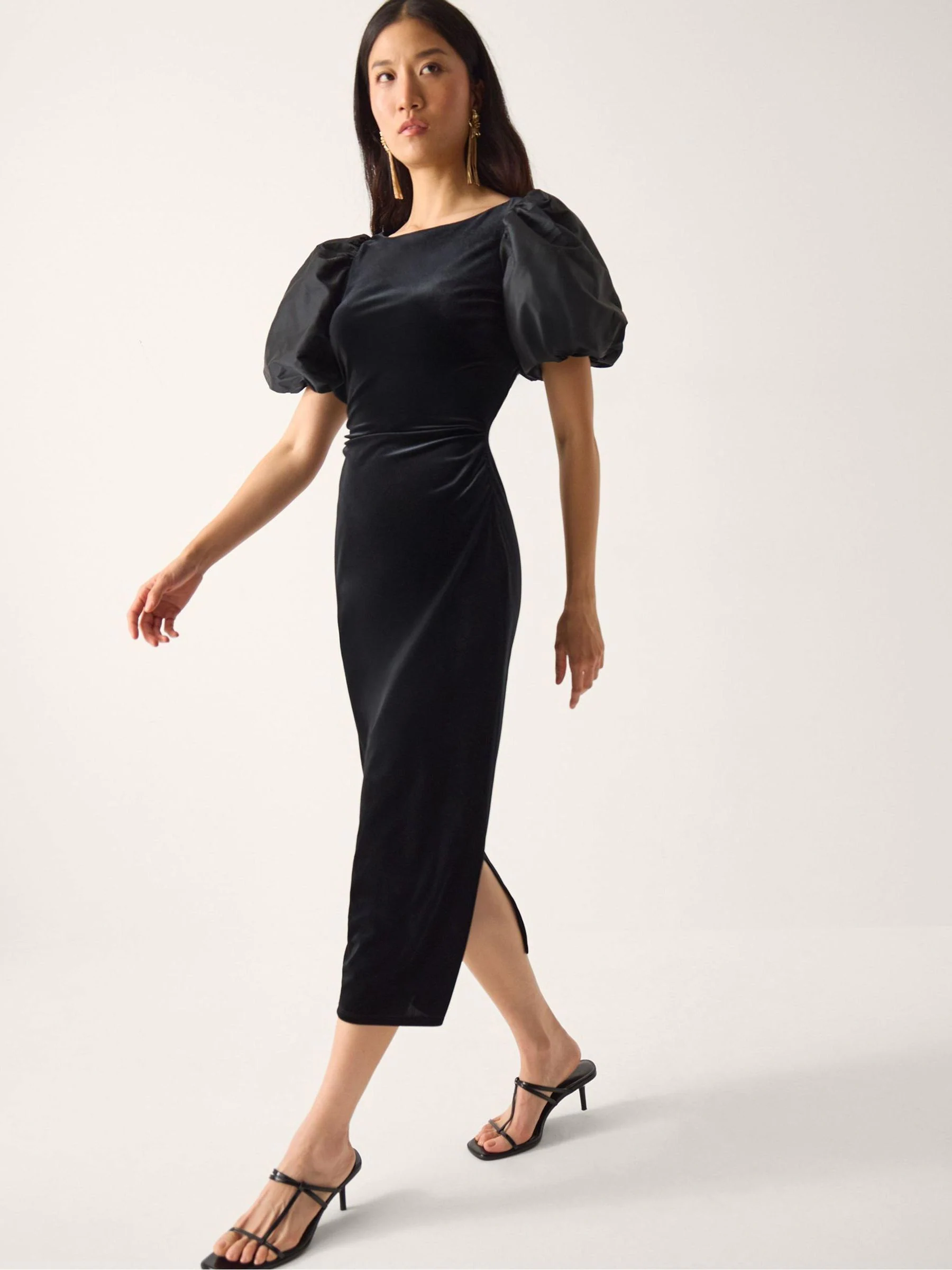 Monsoon Sadie Puff Sleeve Velvet Midi Dress