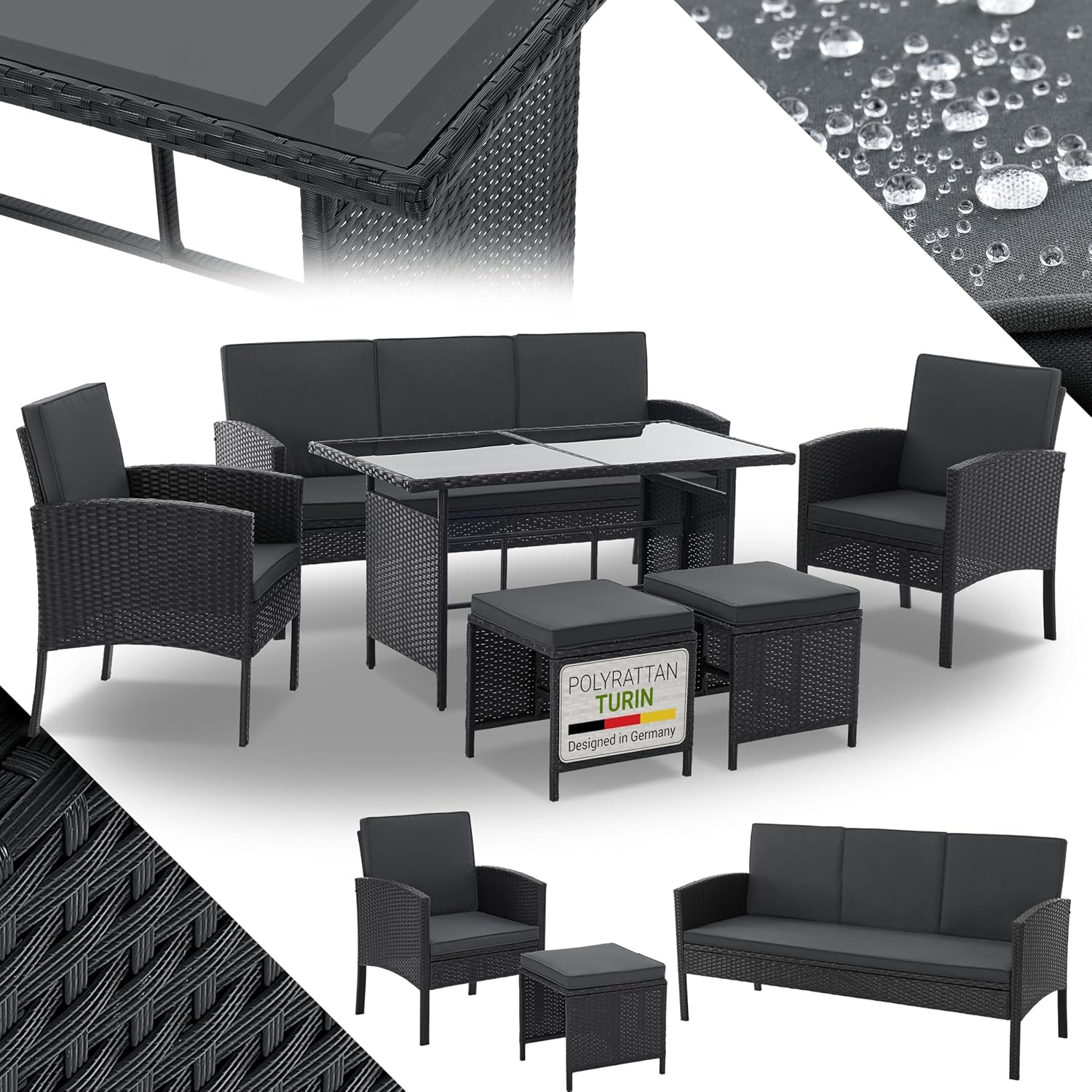 Juskys Polyrattan Gartenmöbel Sitzgruppe Turin Set 6 teilig - 7 Personen - Outdoor Möbel mit Sessel, Hocker, Tisch & Kissen - Loungemöbel Schwarz