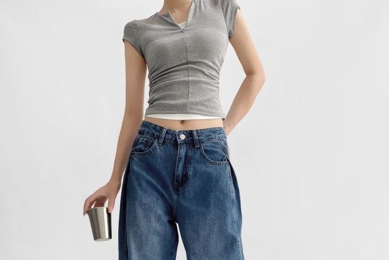Haneliz - Hoge taille effen wijde jeans