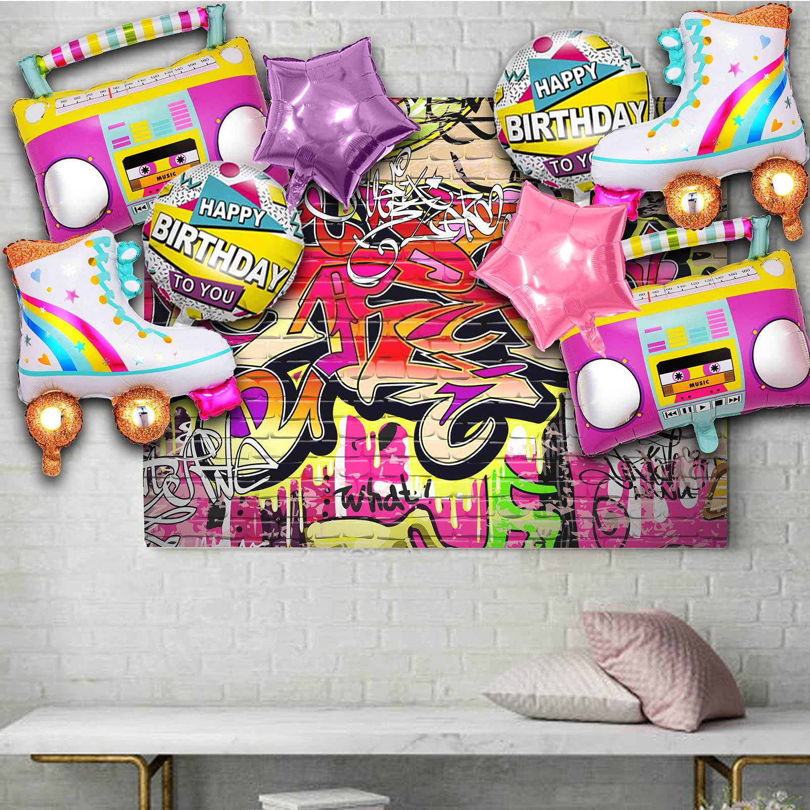 (8-tlg. Set) Happy Birthday Folien Ballon Rollschuh / Ghettoblaster Radio / Stern Luftballon Geburtstag Party Dekoration - 80er Jahre