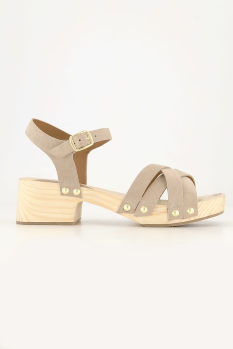 Leder-Clog-Sandaletten, Nieten, Holzsohle, Blockabsatz