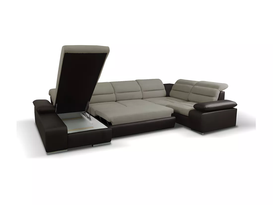 Canapé d'angle panoramique convertible en tissu et simili BOILEAU - Bicolore beige/marron - Angle gauche