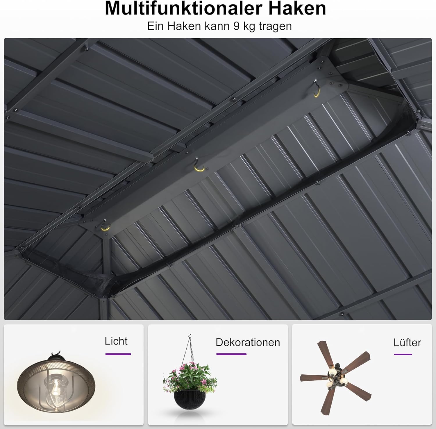 PURPLE LEAF Pavillon 3.65 x 6 m Wasserdicht Stabil Winterfest, Basisch Hardtop Pavillon mit Seitenwänden Gartenpavillon mit 21.9 m 36 LED Kugel Lichterkette für Carport, Grau