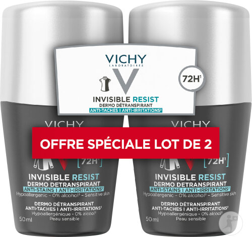 Vichy Homme Invisible Resist Détranspirant 72h Anti-Taches Anti-Irritations Peaux Sensibles 2x50ml