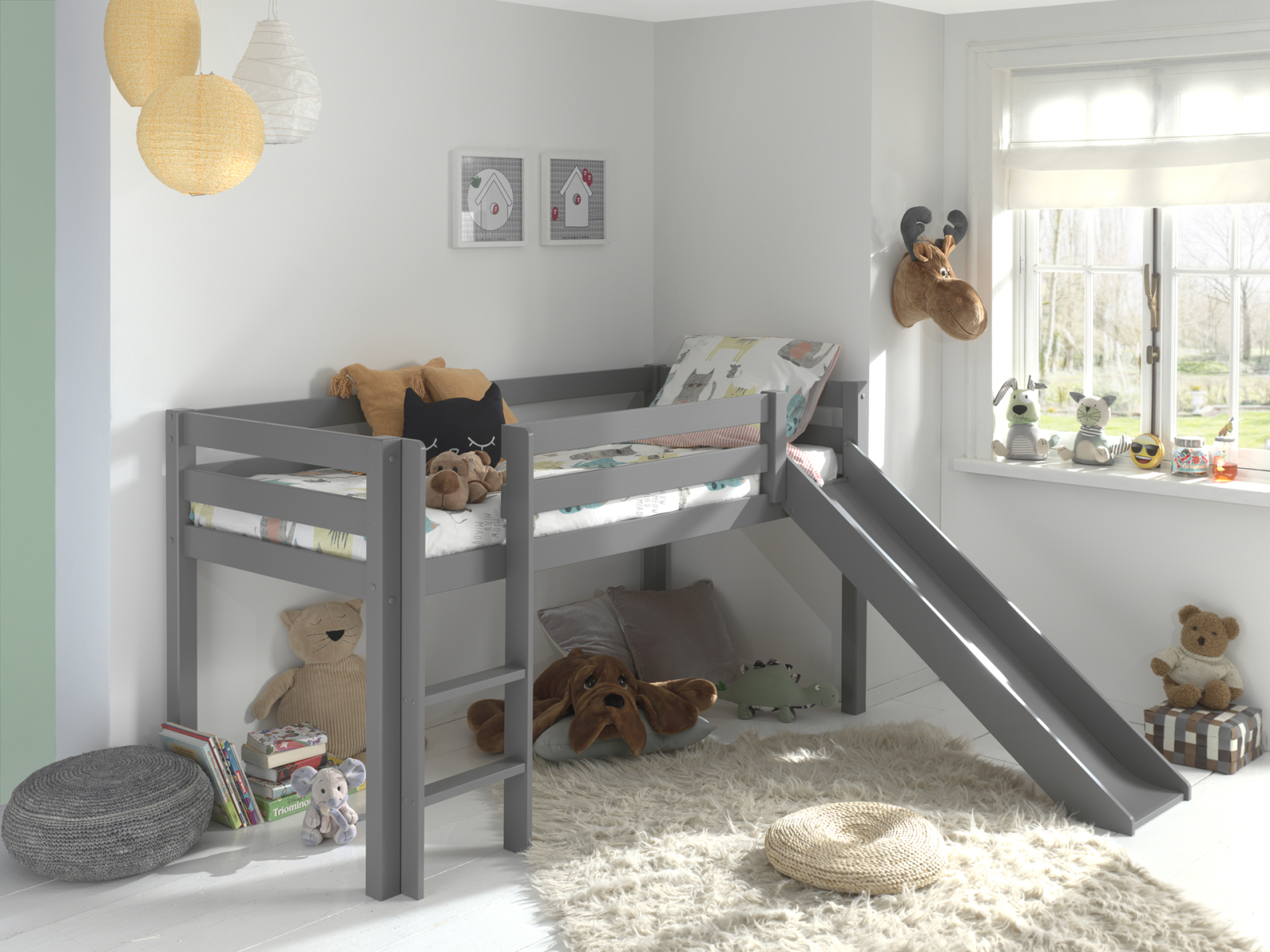 Hochbett PINO - grau - Kiefer massiv - mit Rutsche - 90x200 cm