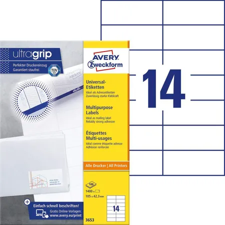 Avery Zweckform 3653 Universal-Etiketten,A4 mit ultragrip,Adressaufkleber 105 x 42,3 mm, 100 Bogen/1.400 Etiketten, weiß