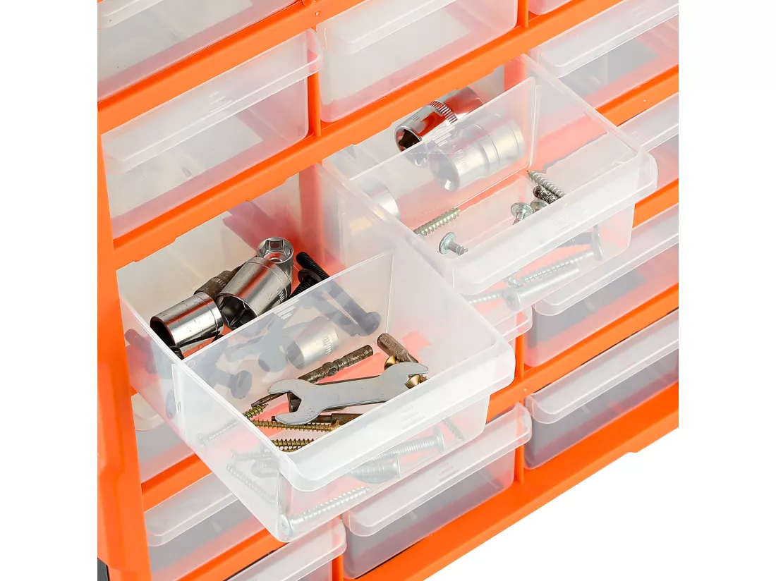 Boîte à outils de rangement, 18 tiroirs extensible en plastique, 38x16x46.5cm, Orange