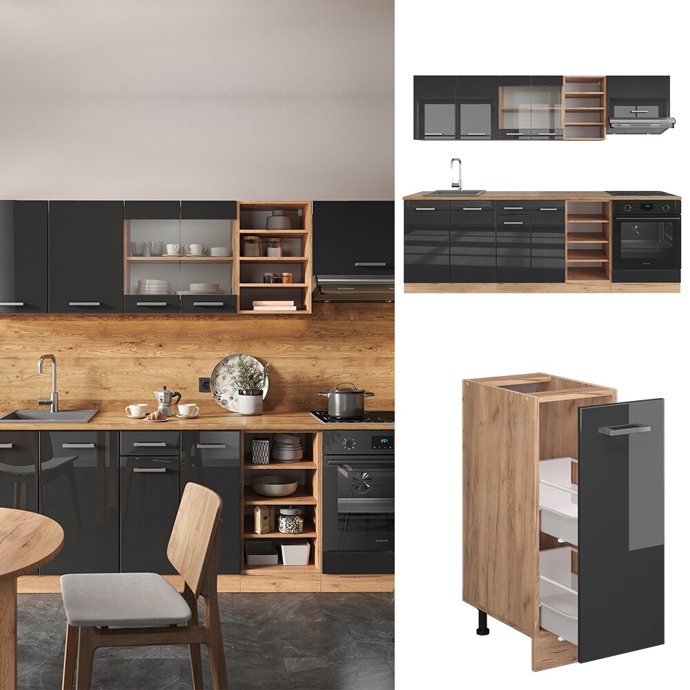 Vicco Küchenzeile Küchenblock Einbauküche R-Line 240 cm Eiche Anthrazit Hochglanz