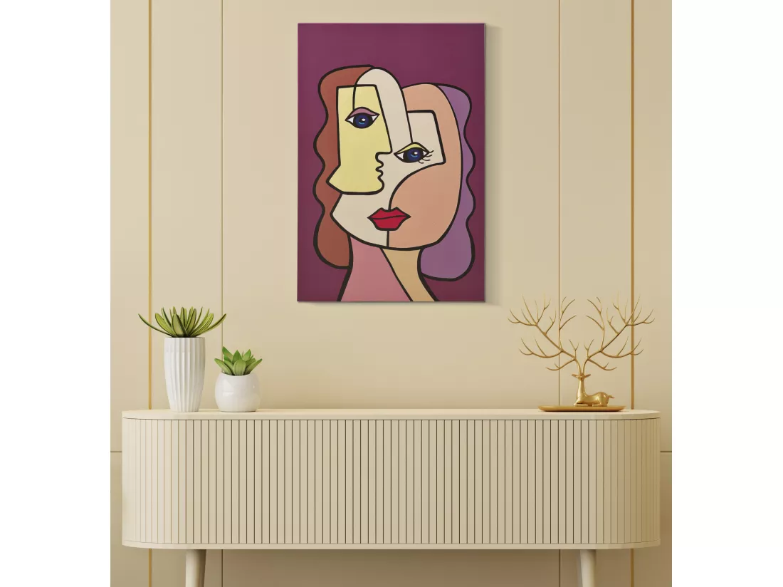 Tableau Toile sur Bois - Design Cubiste aux Couleurs Vives - Modèle Face New -B- 60x3x90 cm - Décoration Murale Énergique