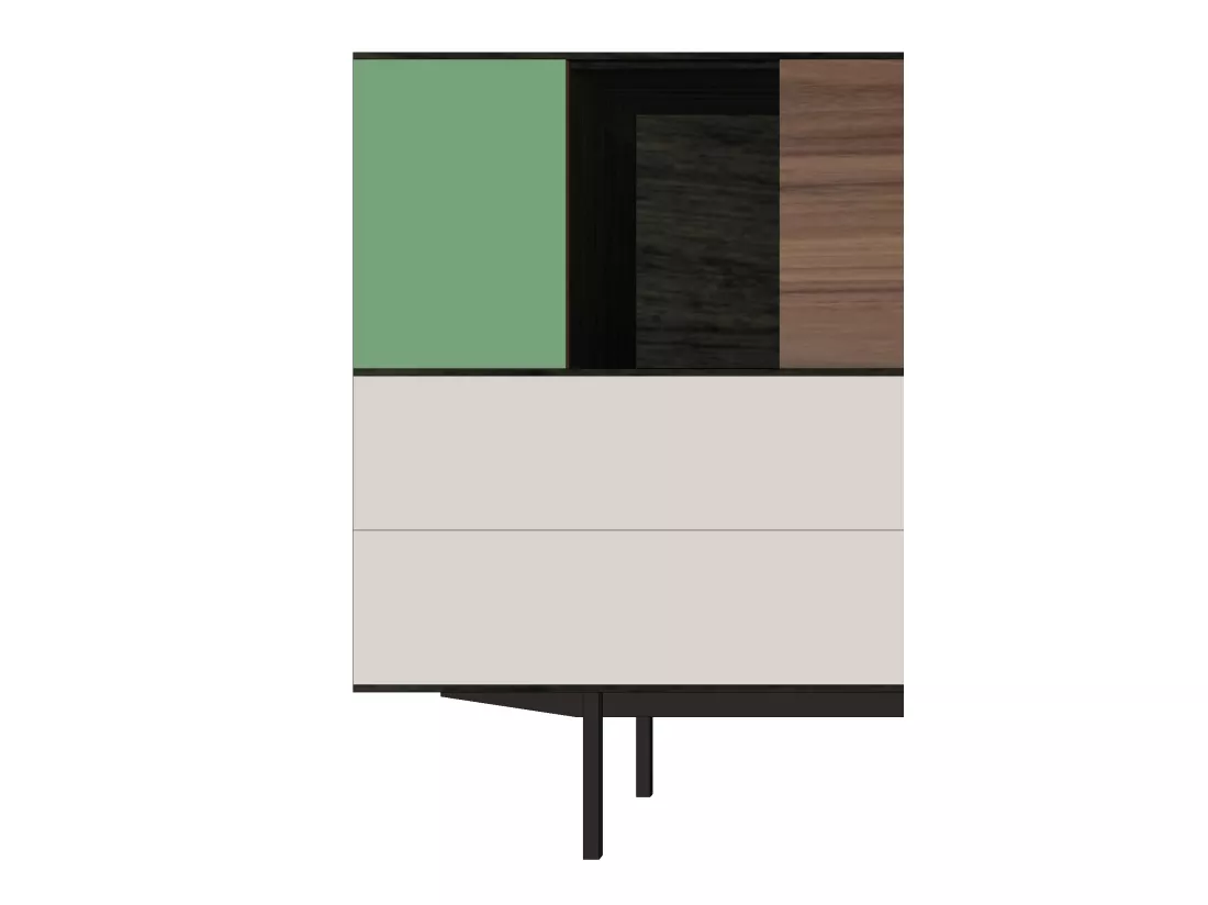 Vaisselier chêne wengé noir, noyer et laqué, 3 portes, 1 abattant, 2 tiroirs - 180L x 46P