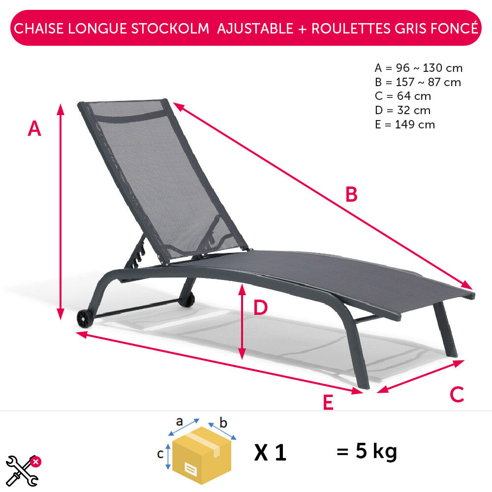 Chaise longue Stockolm dossier ajustable 2 roulettes gris foncé