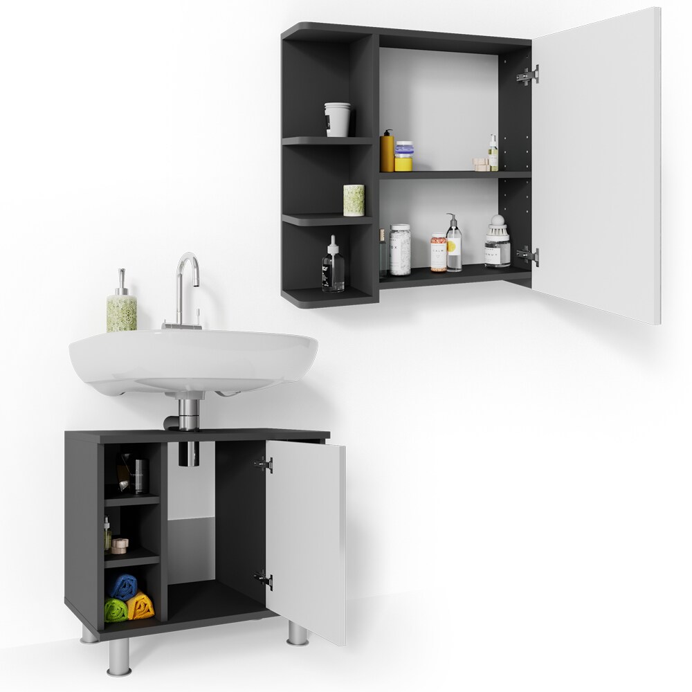 VICCO Badmöbel Set FYNN 2 Teile Anthrazit Weiß - Badezimmer Spiegel Badunterschrank Bad Badschrank