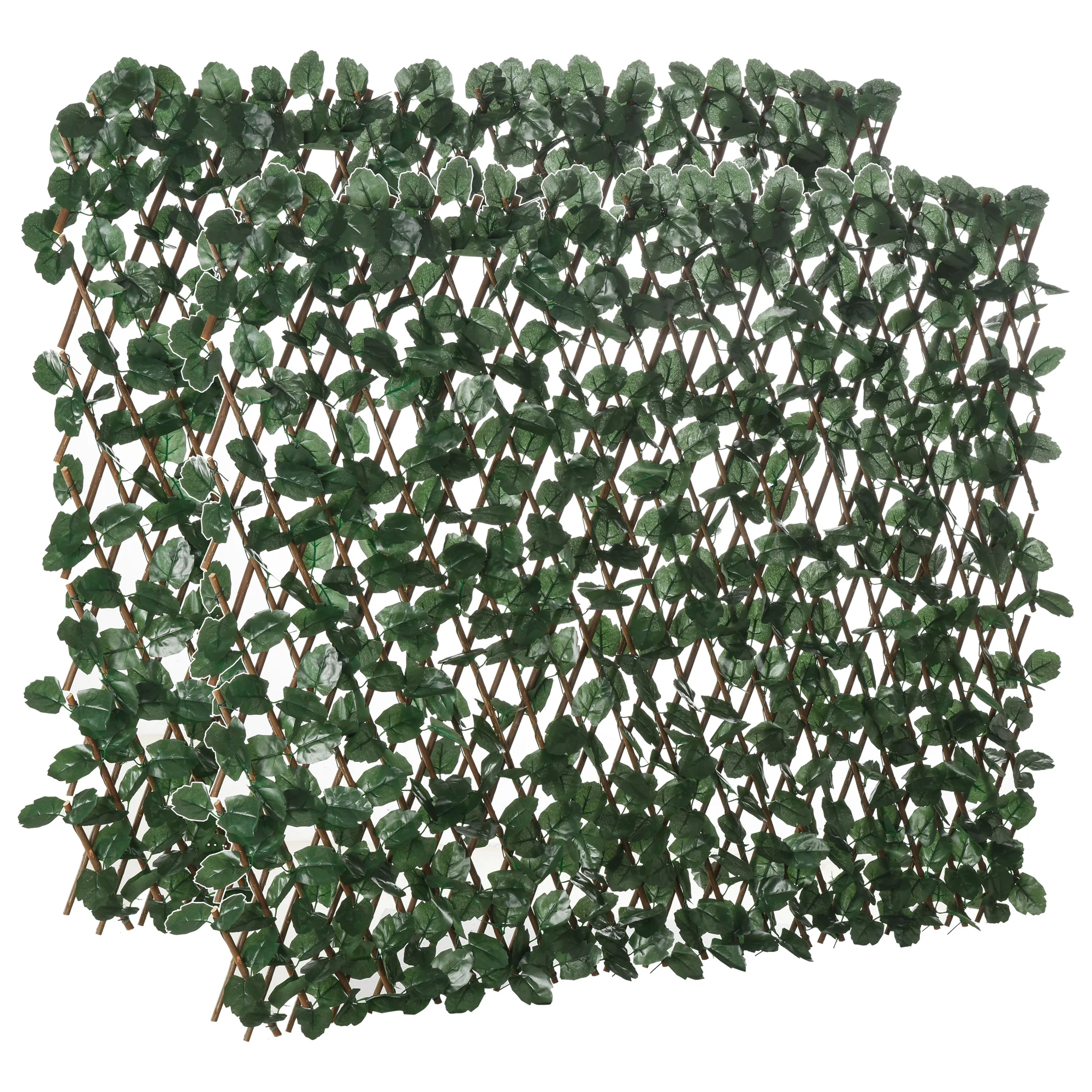 Treliça expansível Outsunny de 2 peças com folhas artificiais, 295x70 cm, treliça de vime extensível, tela de privacidade para jardim, verde
