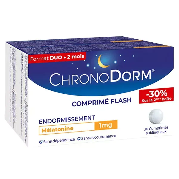 Chronodorm Melatonina 1mg, embalagem com 2 x 30 comprimidos cada
