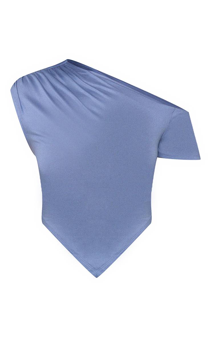 Bleu Poudré Haut À Manches Courtes Coupe Ajustée Encolure Asymétrique Toucher Doux