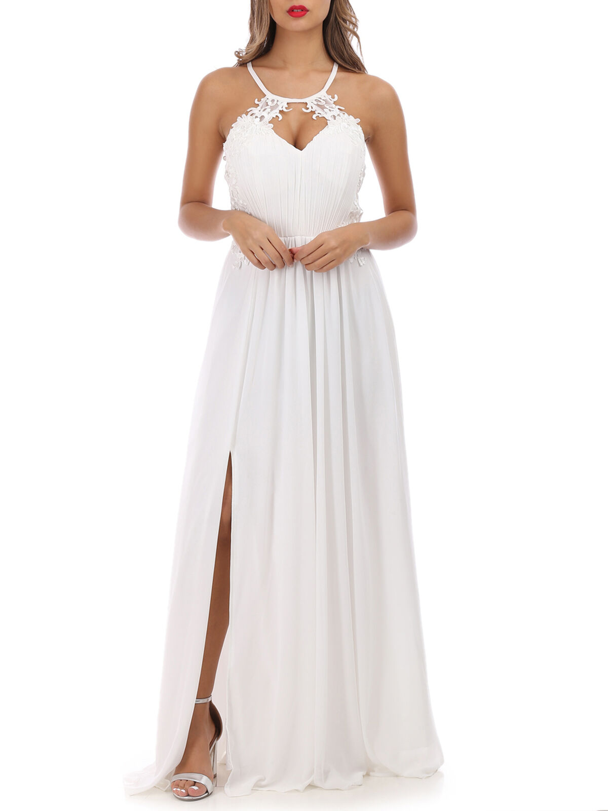 Robe longue fendue avec dentelle- Blanc
