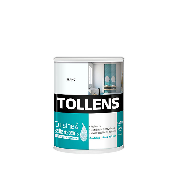 Peinture murs et plafonds Cuisine et bains satin blanc Tollens 0,75 L