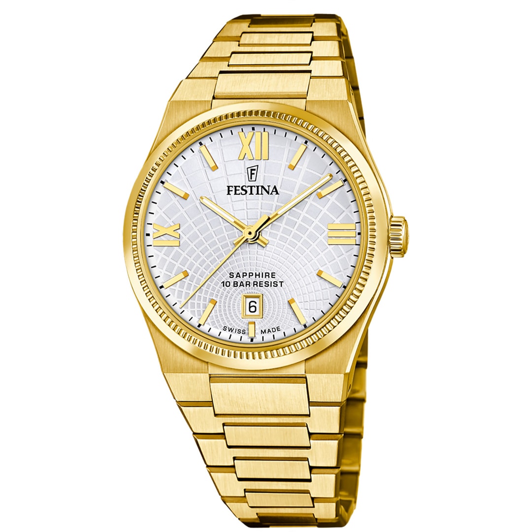 Festina Swiss Rivé Date 40mm Goldig / Silbrig