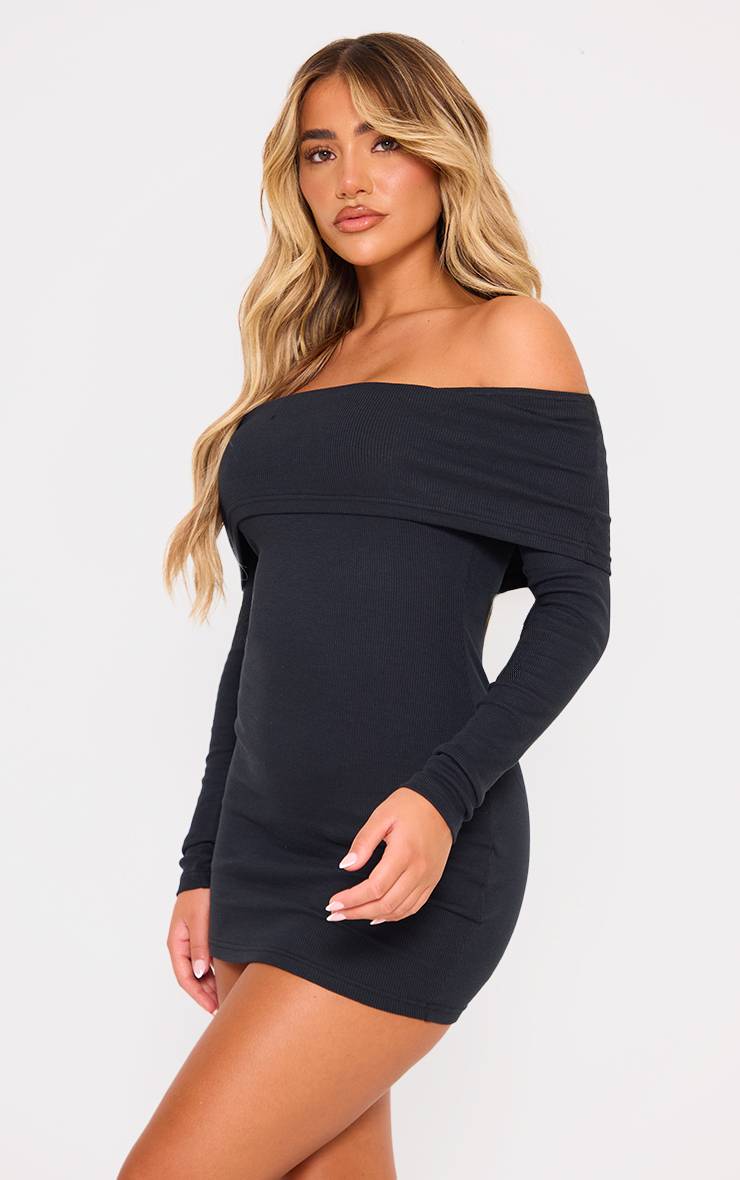 Noir Robe Moulante Côtelée À Épaules Dénudées Bardot Et Manches Longues