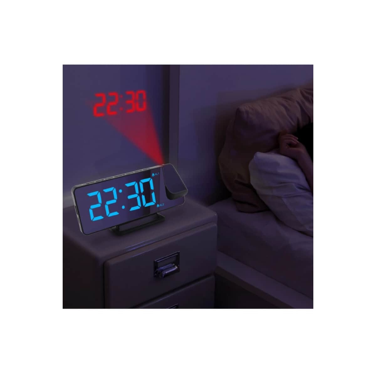 Vekkerklokke med RGB LED 180 graders roterbar projektorklokke Hvit