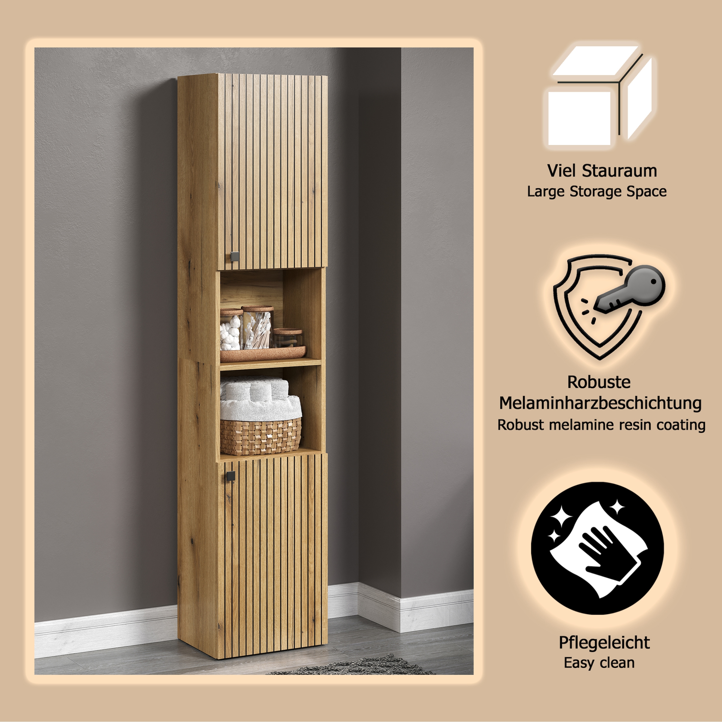 welltime Hochschrank »Amrum« 1 Stk. tlg. Badezimmerschrank mit und ohne Schublade - (B/T/H) 40-70/31/186 cm