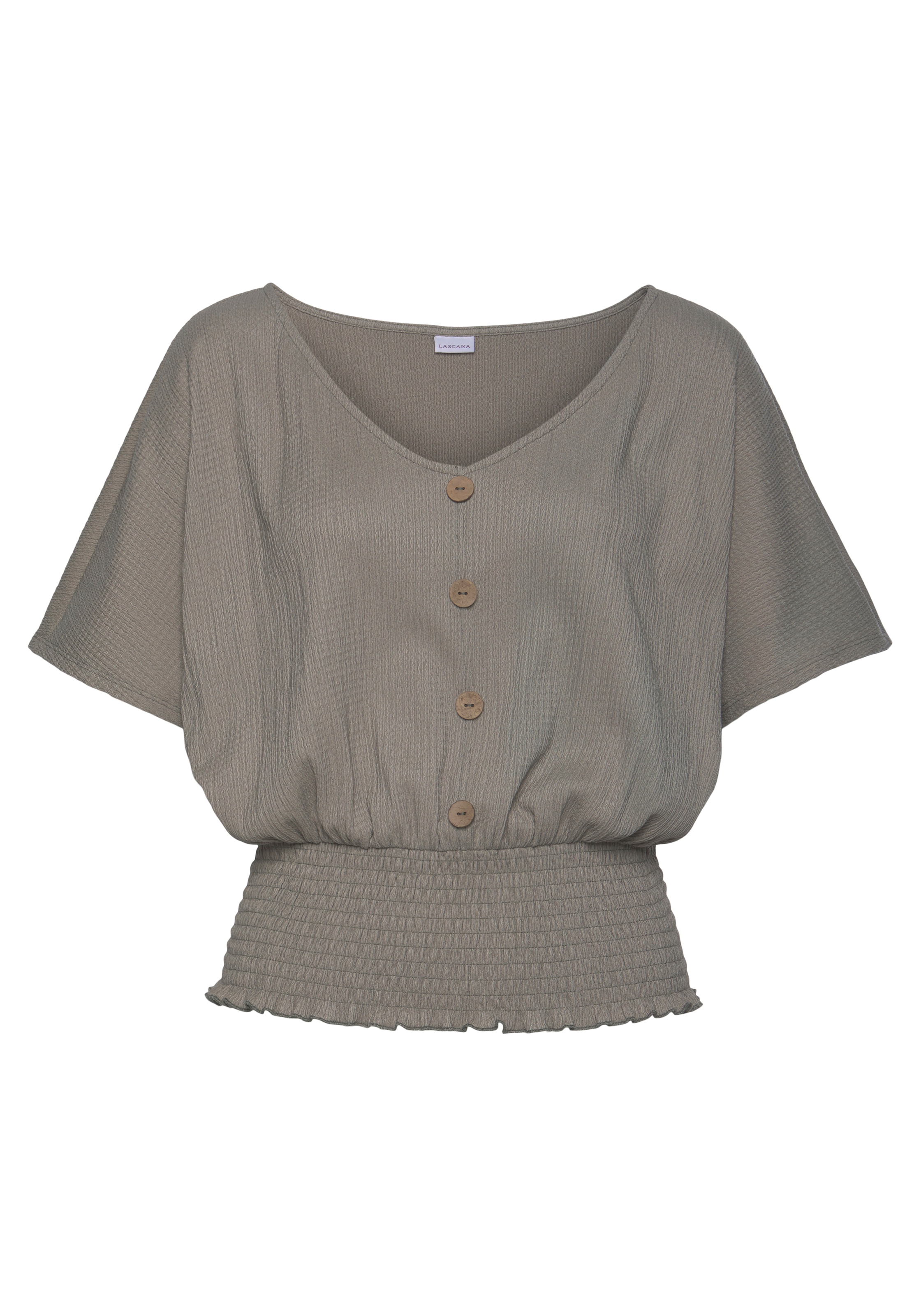 LASCANA V-Shirt mit breitem Smoksaum und Kopfleiste, Blusenshirt, sommerlich