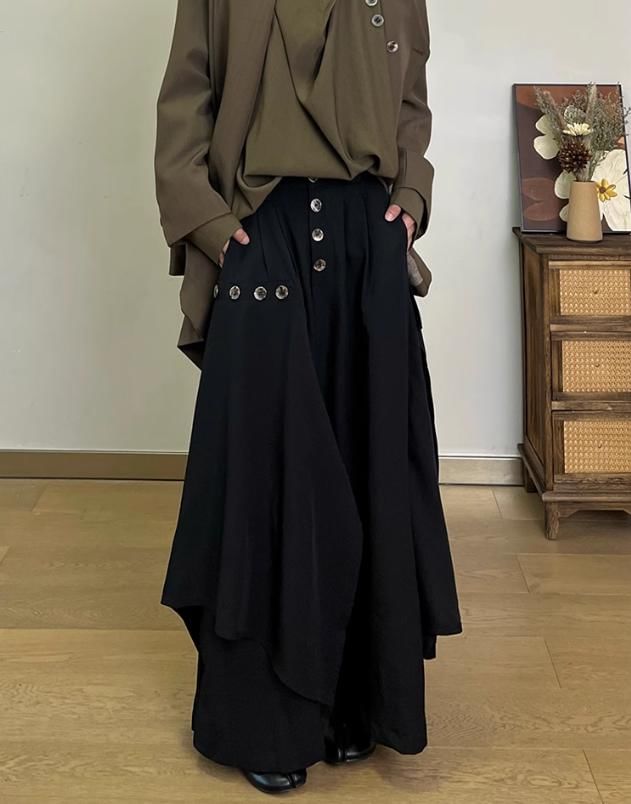JUN.LEE - Hoge taille effen asymmetrische wijde broek / Oversized overhemd met lange mouwen