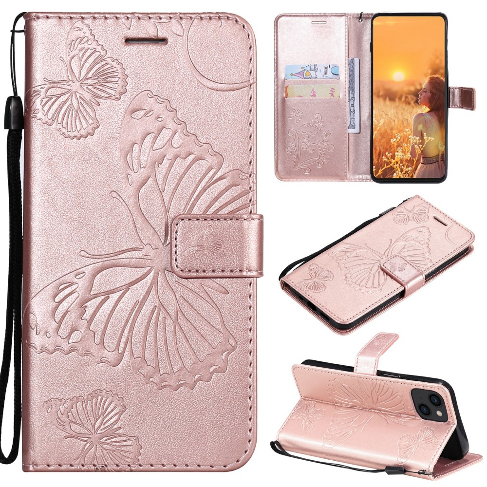 iPhone 13 Leder Tasche mit Kartenfach   Handschlaufe Schmetterling - Roségold