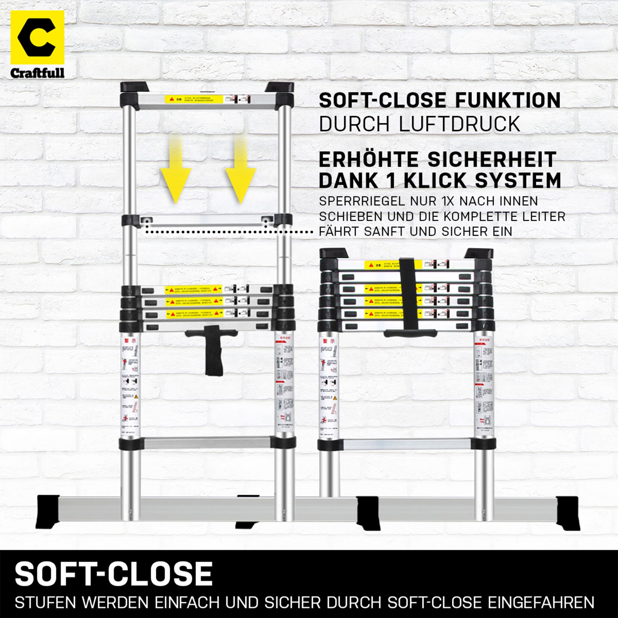 Craftfull Teleskopleiter CF-101B, Soft-Close-Funktion, Ausziehleiter aus Aluminium, 2 m bis 4,4 m (4.4 Meter)