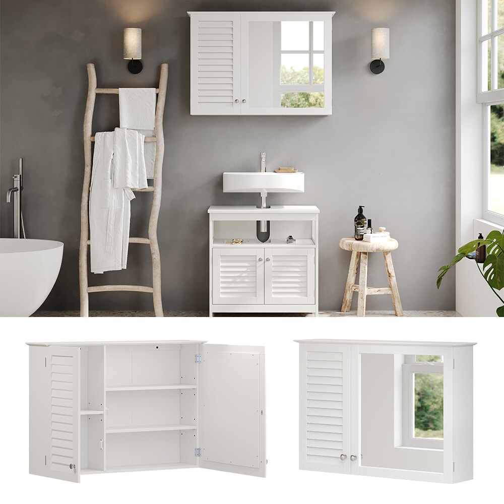Vicco Spiegelschrank Riad, 68 x 49 cm, Weiß, Glasschrank mit 2 Türen, Badezimmer