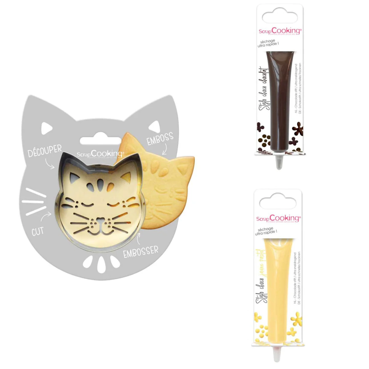 Kit pour biscuit en relief Chat + 2 Stylos au chocolat marron et jaune