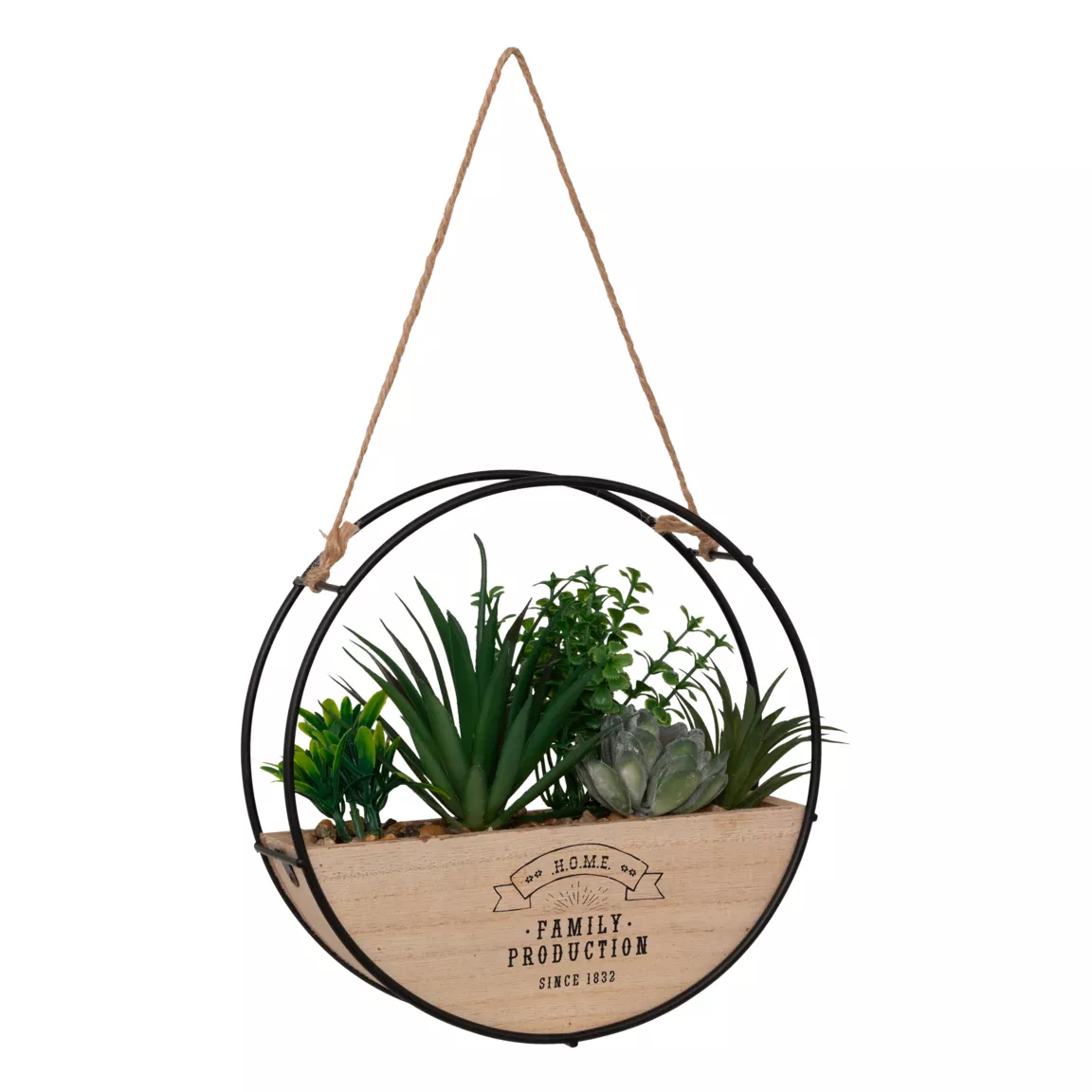 Plantes artificielles dans support en bois à suspendre (D20 cm) Family production