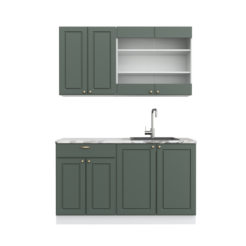 Vicco Küchenzeile Küchenblock Einbauküche Fame-Line Single Landhaus Weiß Grün Gold 140 cm modern Küchen Schränke Spülenunterschrank Schubunterschrank Hängeschrank Hängeglasschrank