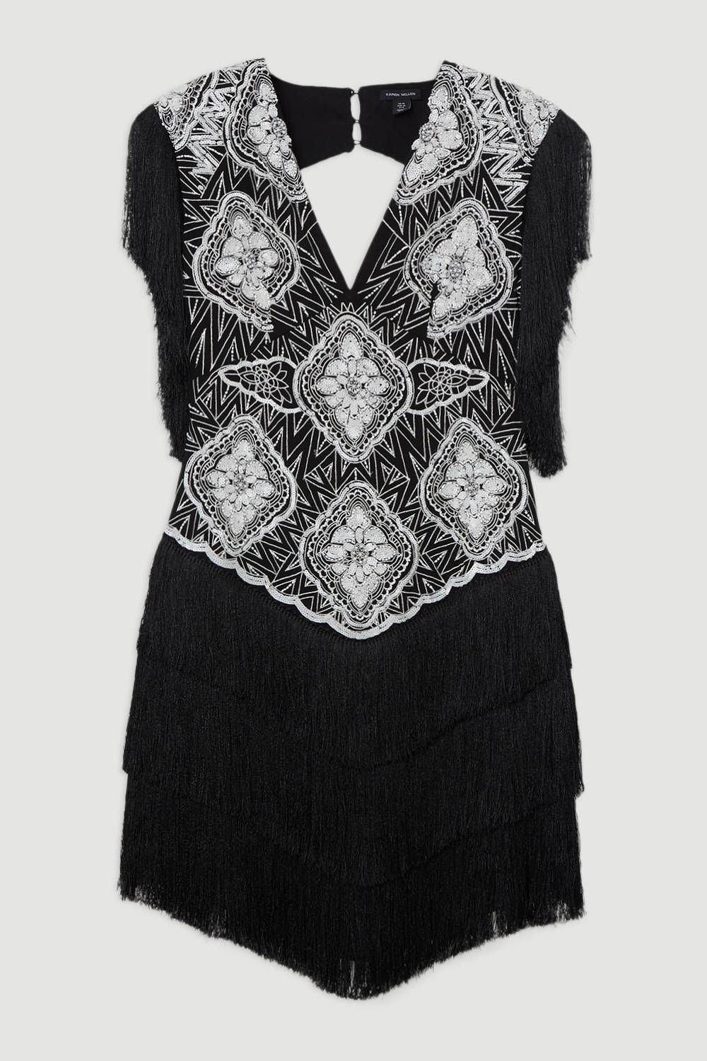 KarenMillen Petite robe mini tissée à franges ornementées et bretelles