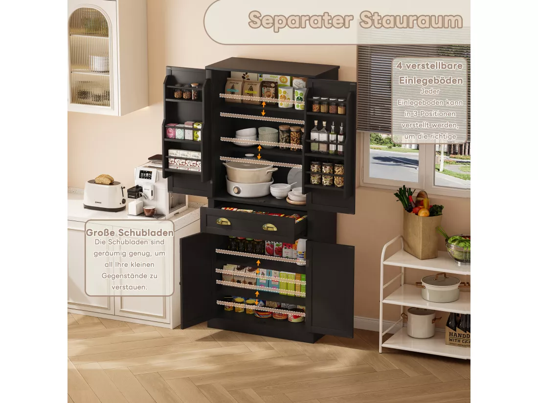Buffet de cuisine avec 4 portes et 1 tiroir - 80 x 40 x 182 cm - étagères réglables - Bois MDF - Noir