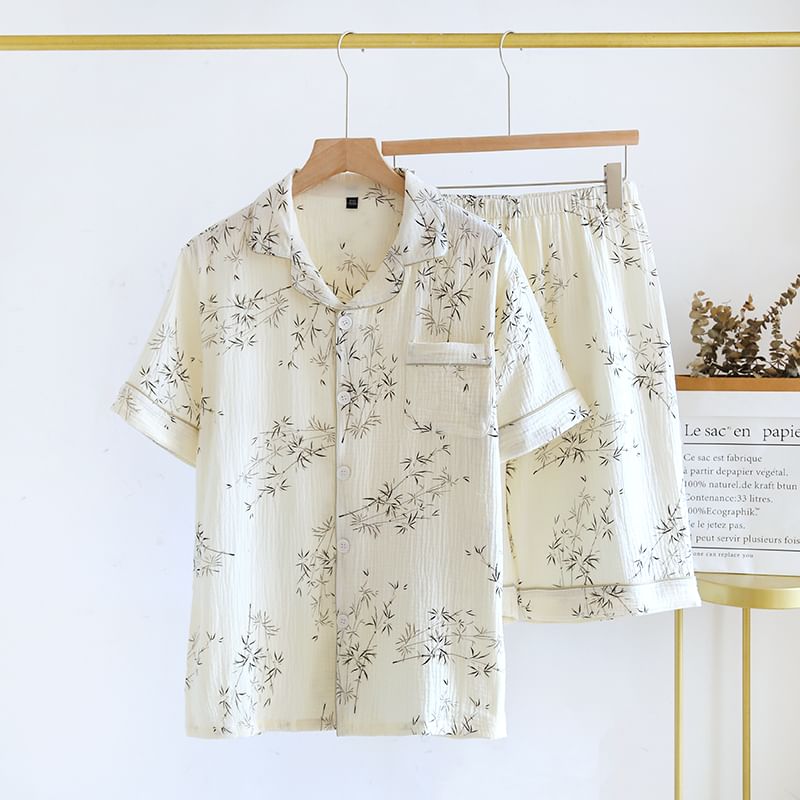Dogini - Pyjamaset: overhemd met korte mouwen en bladprint + korte broek