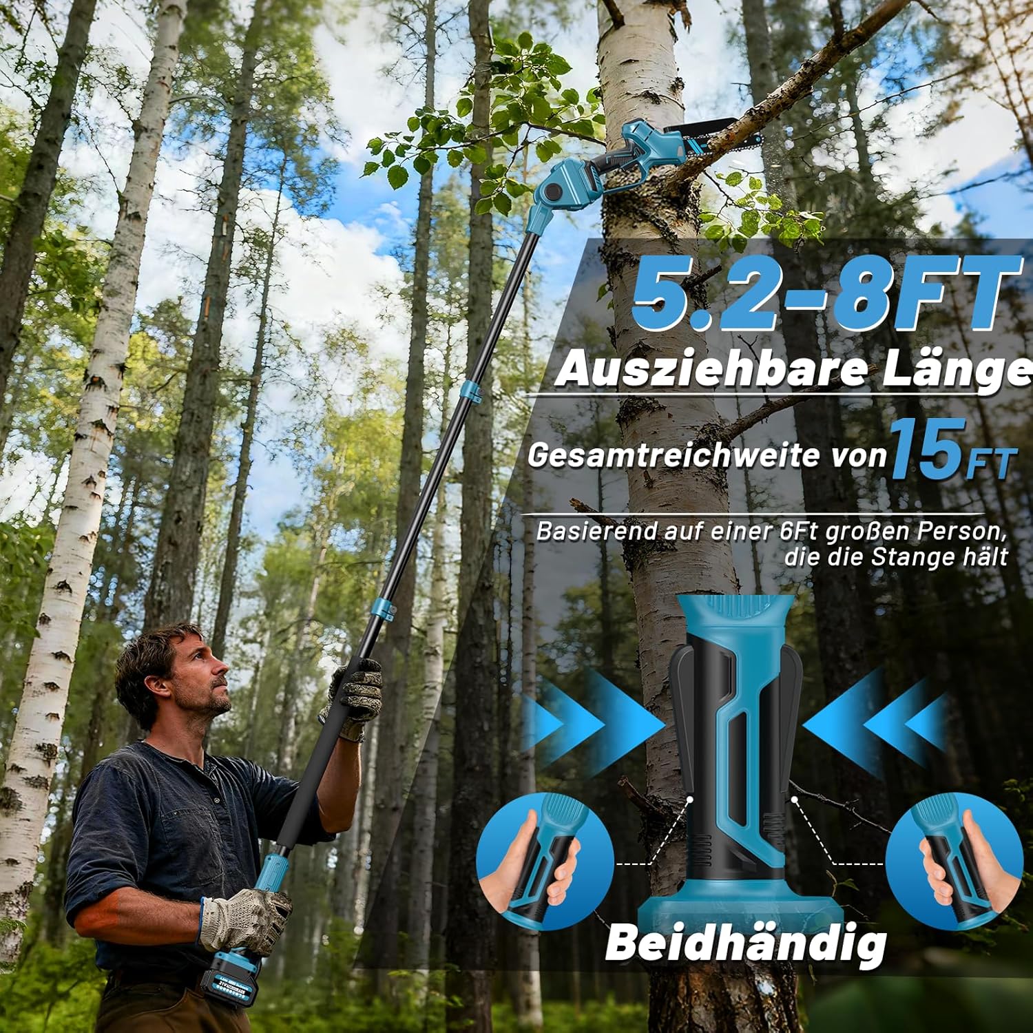 3-In-1 Akku Hochentaster,6&8 Zoll Mini Kettensäge mit 2X 4,0Ah Akku,Handkettensäge mit Teleskopstange Linkshänderfreundlich, 180° Abwinkelbarer,Arbeitslänge bis zu 4,57m für Gartenpflege,Baumschnitt