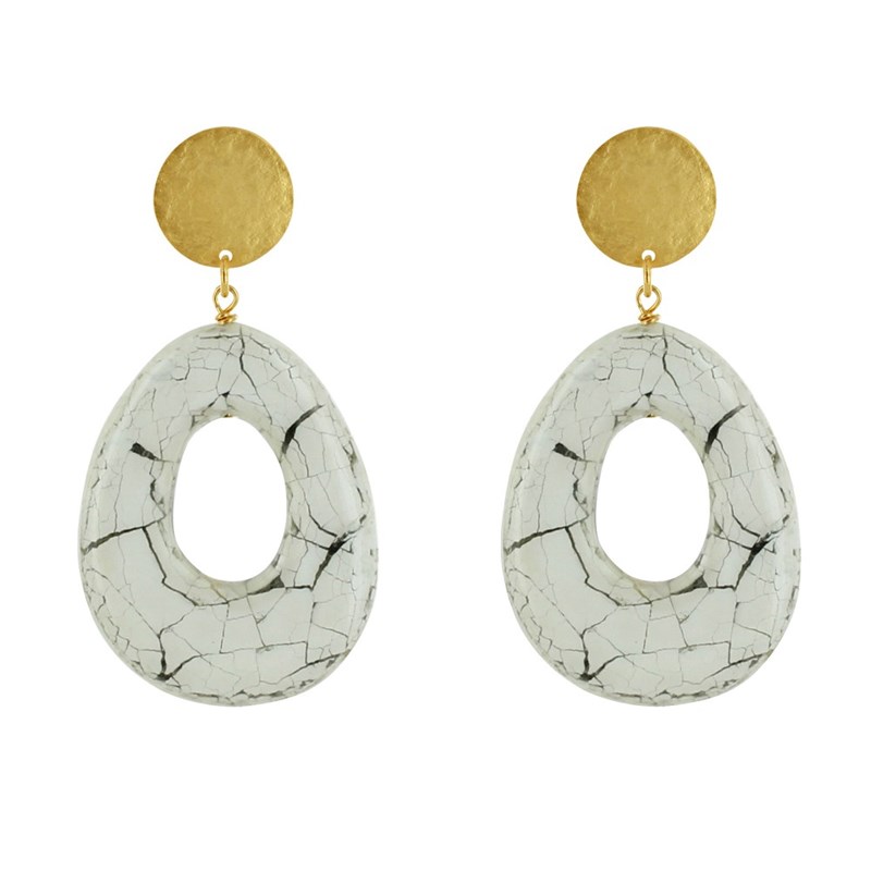 Boucles d'Oreilles Clip Laiton Mat Pastille Brossée Goutte Ajouré en Résine Craquelée