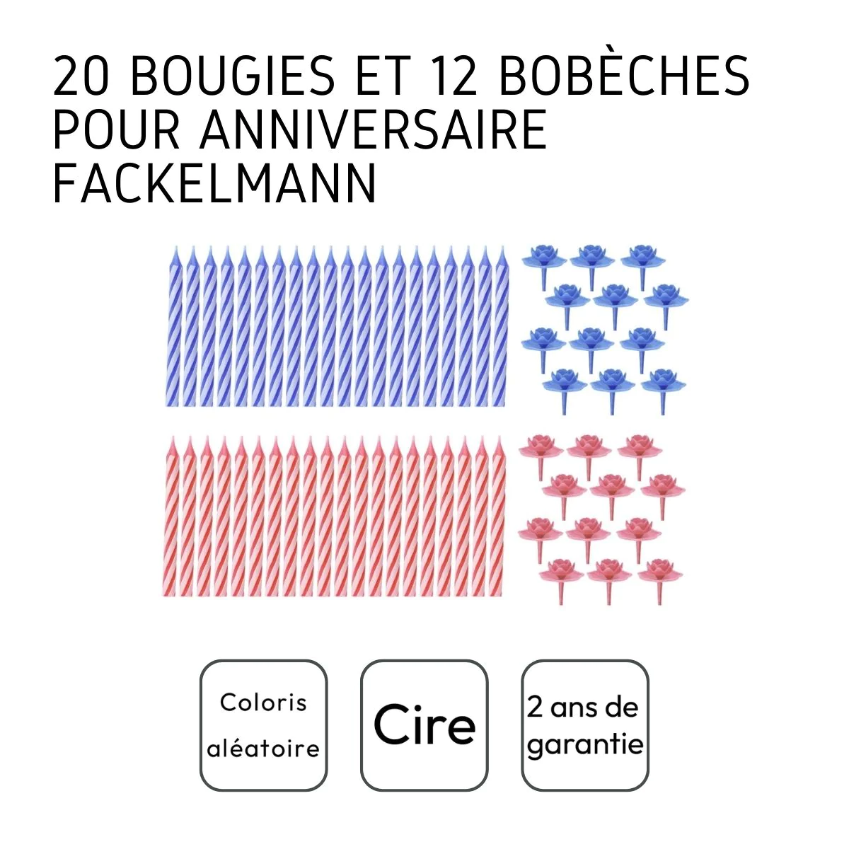 Lot de 20 bougies d'anniversaire avec 12 bobèches rose ou bleu Zenker