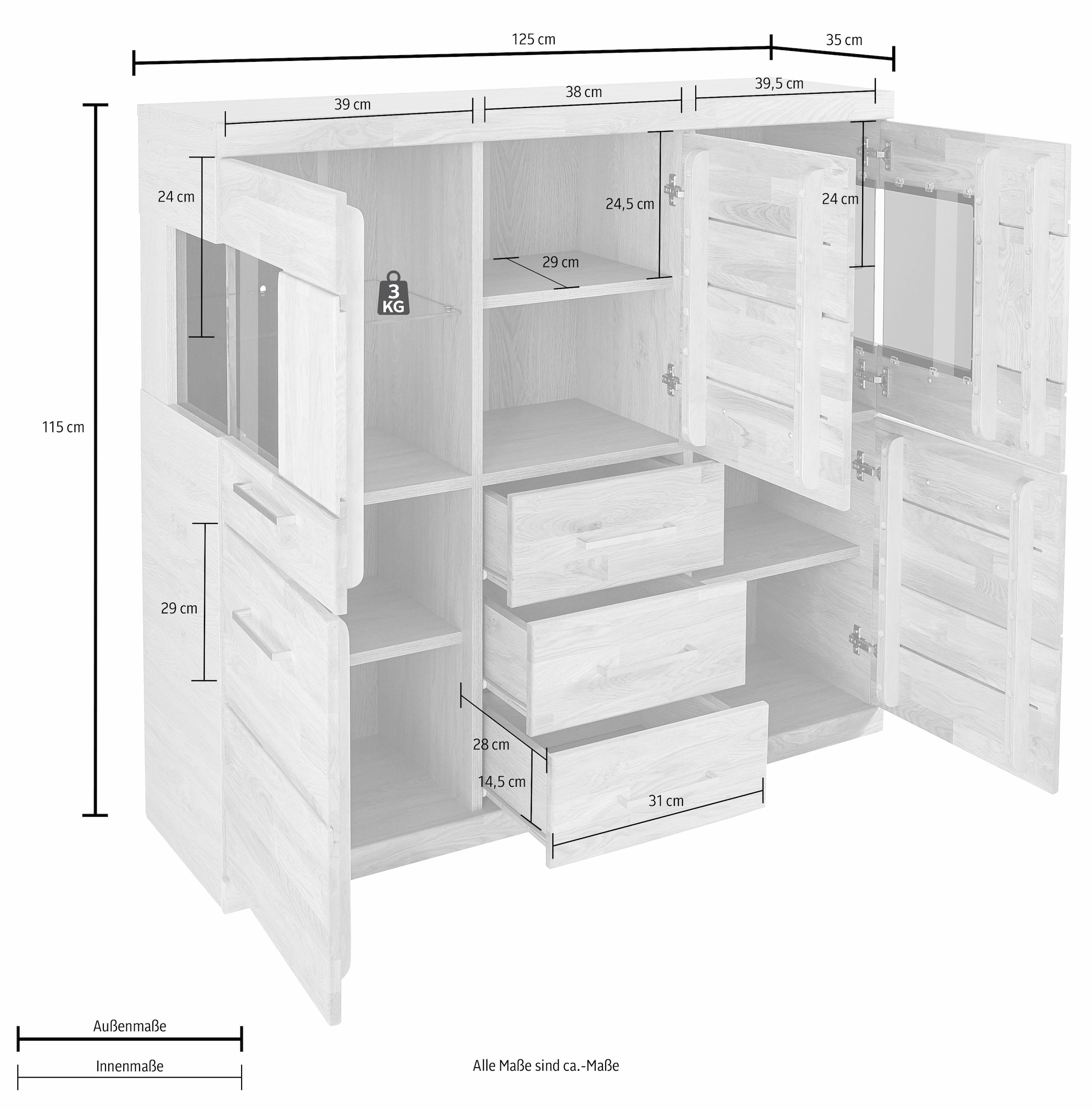 Home affaire Highboard »Ribe,125cm breit,115cm hoch, Fronten Massivholz,5Türen,3 Schubladen« Holz massiv, Holzwerkstoff, Metall Griffe,10Fächer, Böden versetzbar