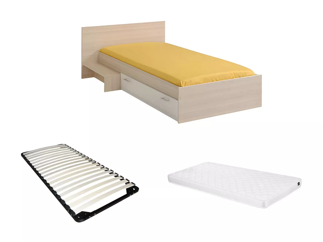 Lit enfant 90 x 190 cm avec 1 tiroir - Coloris : Naturel et blanc + sommier + matelas - IPLIA