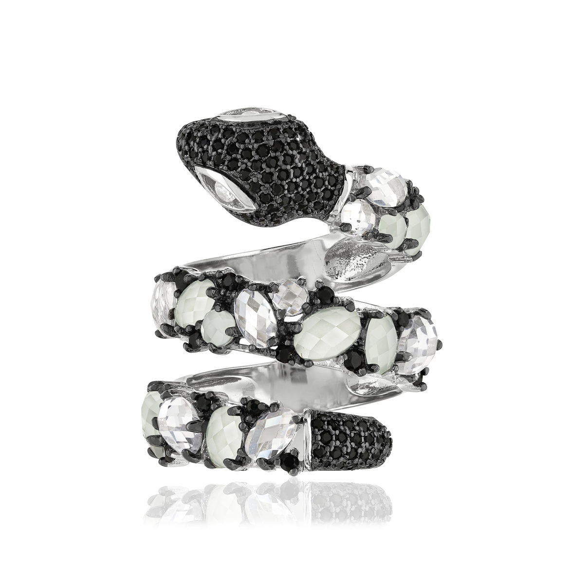 Bague argent 925 serpent pierres imitations et zirconias noirs et blancs