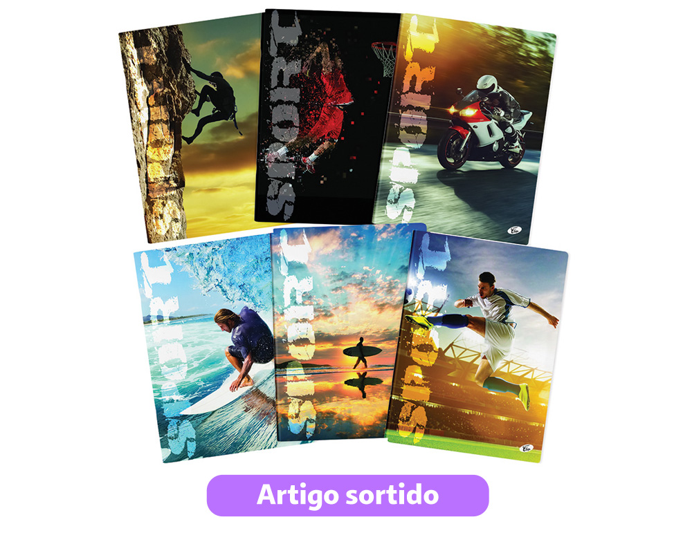 CADERNO AGRAFADO PAUTADO A4 SPORTS 48 FOLHAS MODELOS SORTIDOS