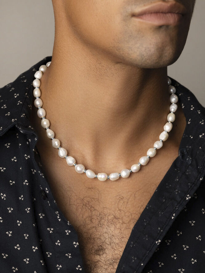 Nialaya Men's Baroque Pearl Choker with Stainless Steel White