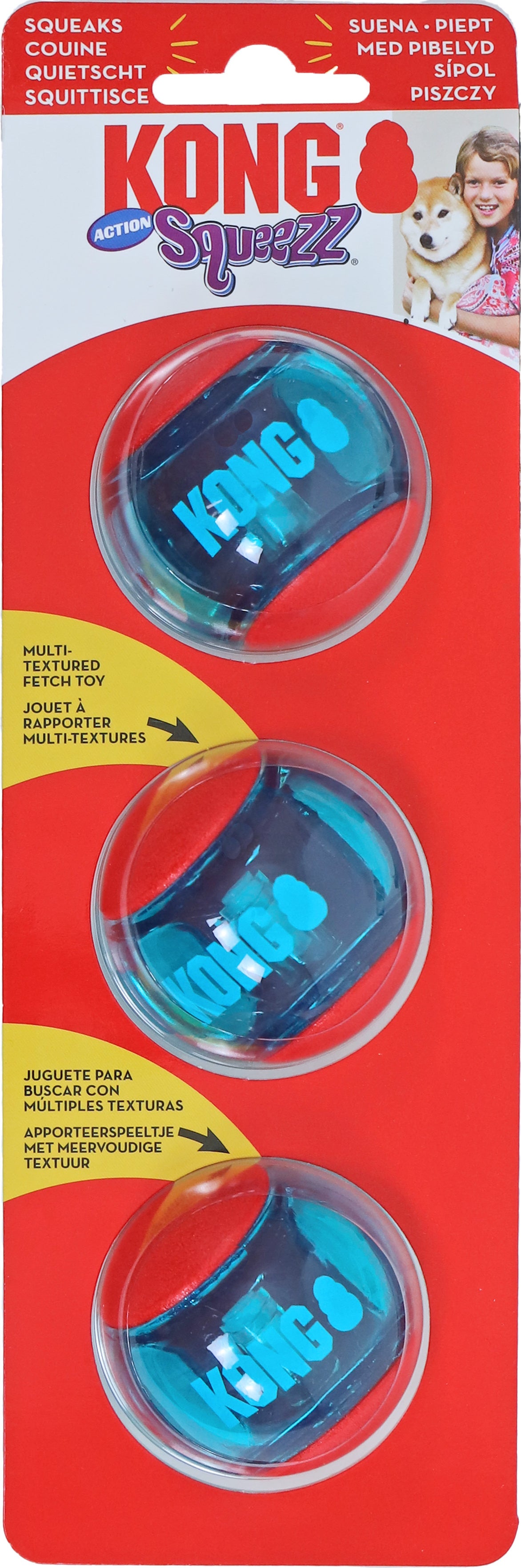 Kong hondenspeelgoed Squeezz Action bal small rood/blauw D 5 cm 3 stuks