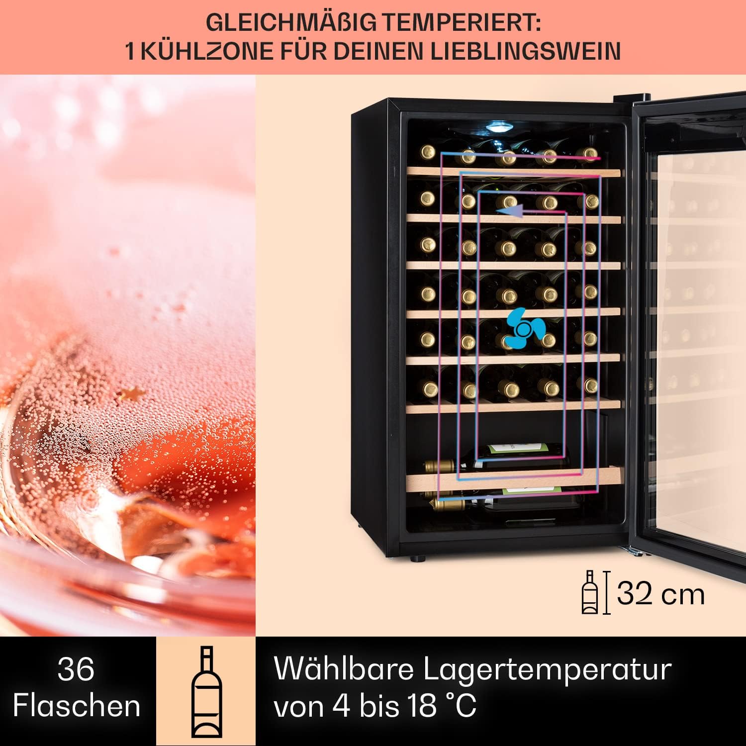 Klarstein Weinkühlschrank, Getränkekühlschrank Schmal, Kühlschrank mit Glastür, Getränkekühlschränke Freistehend, Weinkühlschrank Klein, Weinkühlschränke 1 Zone, LED-Beleuchtung, 4-18 °C, 36 Flaschen