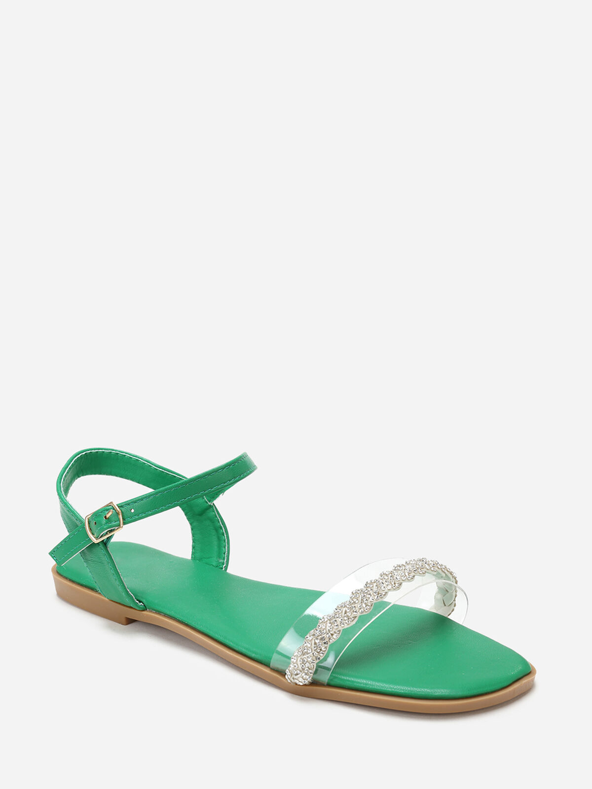 Sandales plates à bride transparente et strass- Vert